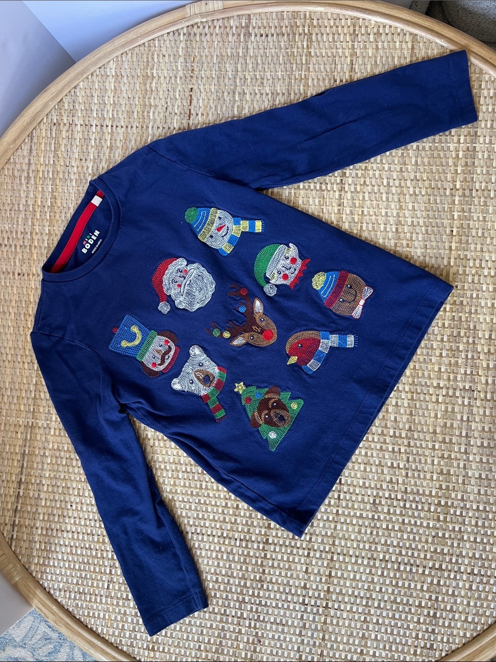Mini Boden Blue Holiday Embroider character faces Shirt Long Slv Boys 5-6 years